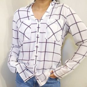 Express white grids sheer long button sleeve top
